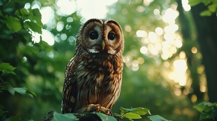 A brown owl is sitting on a branch in a forest