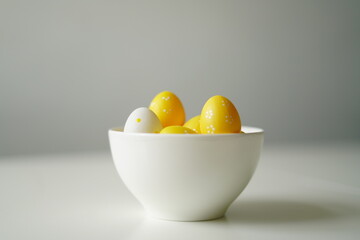 Minimal Easter composition with yellow and white eggs in a glossy ceramic bowl on a white surface. Bright and clean image perfect for spring holidays, decoration, and seasonal design.