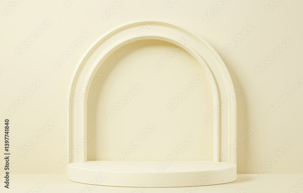 Poster simple beige podium with arch design is set against matching background, creating minimalist and elegant display space. soft tones and clean lines evoke sense of calm and sophistication