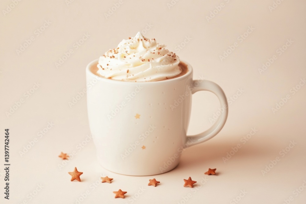 Poster cozy hot cocoa in a minimal mug topped with cream and sprinkled with stars on a soft beige backgroun
