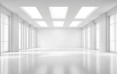 spacious, minimalistic white interior with large windows and bright lighting creates open and airy atmosphere. sleek design emphasizes simplicity and modern elegance