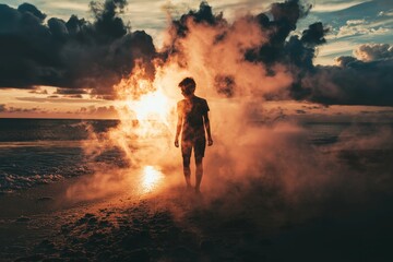 Obraz premium A lone silhouette stands amid steam and clouds at sunset, evoking a sense of mystery and wonder.