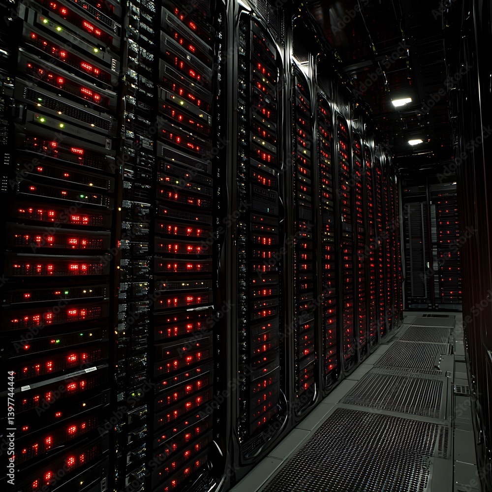 Poster a dark server room illuminated with red indicator lights