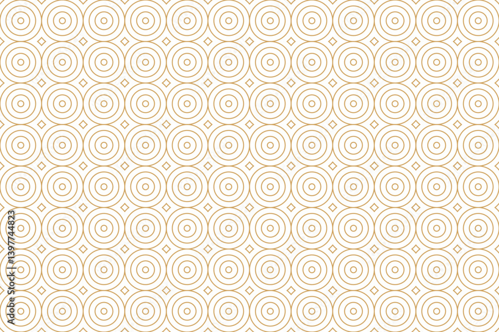 Wall mural seamless geometric pattern of gold concentric circles and small squares and striped lines on white b