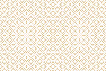 Seamless geometric pattern of gold concentric circles and small squares and striped lines on white background. 