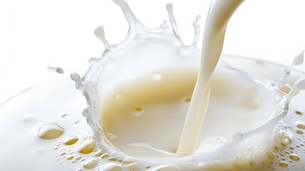 Creamy Milk Splashing Dramatically Against White Background in Closeup Liquid Motion