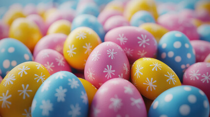 Fototapeta premium A delightful pile of pastel-colored Easter eggs decorated with snowflakes and polka dots provides a festive sp background perfect for cards or websites.