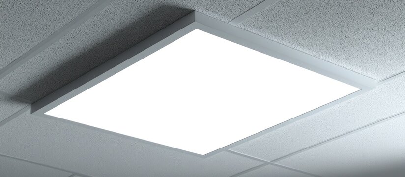 An overhead fluorescent light fixture installed into a drop ceiling panel