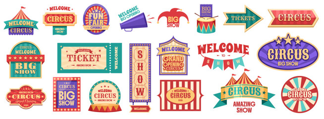Circus vintage labels, sign boards. Logotype template