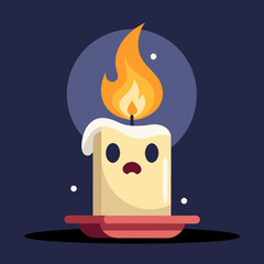 A surprised candle with a flickering flame glows brightly in the night, a whimsical flat design illustration with a dark background.