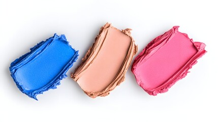 Colorful Makeup Cream Textures in Bold Blue, Soft Brown, and Vibrant Pink Swatches on White Background