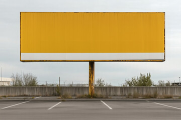 Billboard stands tall over a parking lot. The sign is golden, awaiting its message, in an outdoor setting.