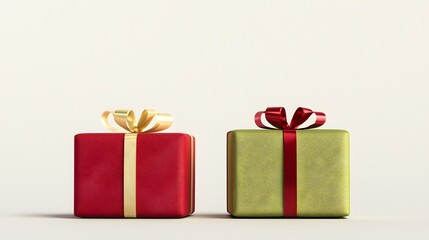 Fototapeta premium Two Colorful Gift Boxes Wrapped in Decorative Paper with Ribbons against a Simple Background