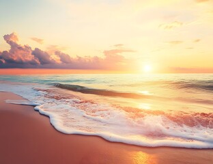Fototapeta premium Beach scene with waves and sunset or sunrise sky with clouds.