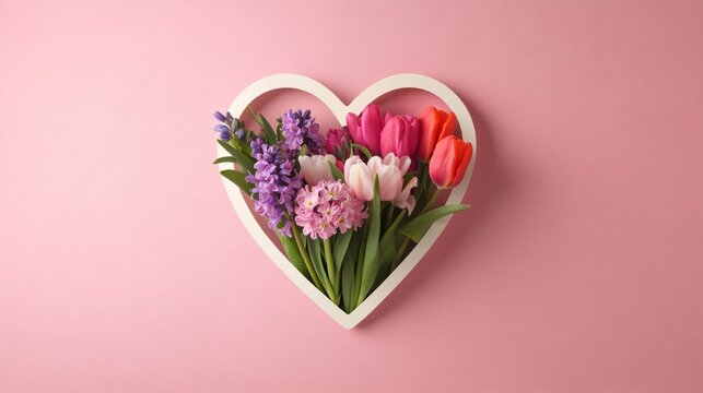 Beautiful bouquet of colorful spring flowers arranged in a heart shaped frame on a pink background, creating a perfect image for mother's day celebrations and expressing love and gratitude