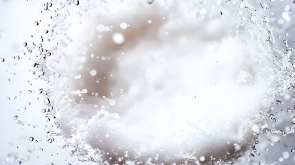 Dynamic Splash Of Liquid Creating Abstract Texture With Bubbles And Soft White Background