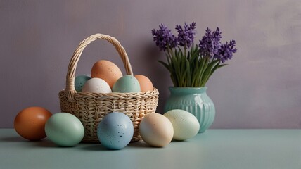 Minimalist Easter Basket with Pastel Eggs on Soft Gradient V2