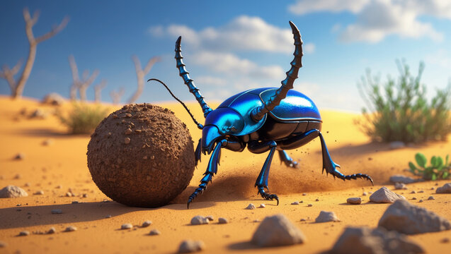 Scarab Beetle Pushing Dung Ball Across Desert Landscape Under Blue Sky - Powered by Adobe