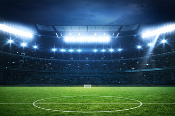Football stadium full of fans, grass pitch and with spotlights on. Sport building © muhammad