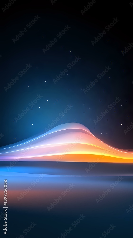Poster abstract glowing waves form colorful layers against dark starry sky, creating ethereal aurora-like e