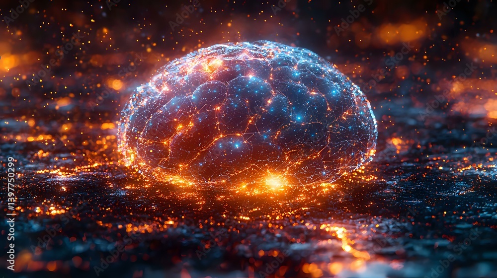 Poster glowing brain visualization with orange and blue light effects on dark background, representing arti
