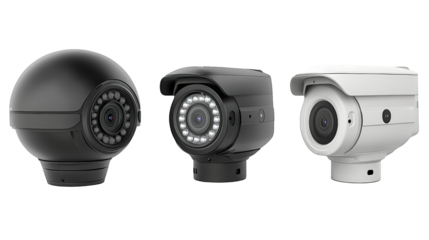 Three distinct security cameras displayed side by side, showcasing various designs and features