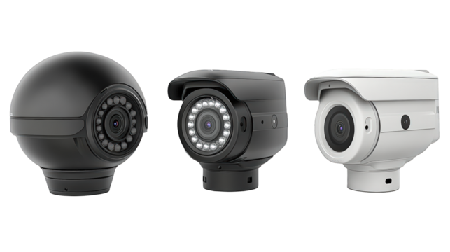 Three distinct security cameras displayed side by side, showcasing various designs and features