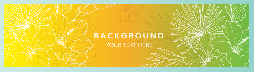 Obraz premium Floral Summer Background. Horizontal background with tropical leaves and plants. Modern vector banner template. Hand Drawn Colorful Flower Layout. Design for cards, posters, invitations, social media