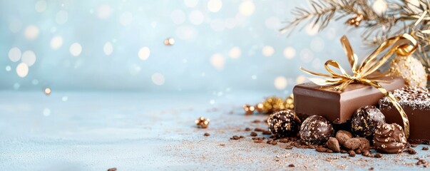 Indulge in the luxurious world of chocolate with beautifully arranged pieces, surrounded by delicate decorations and a soft, dreamy background that evokes a sense of celebration and delight.