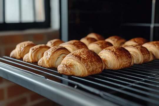 Freshly baked croissants on oven rack, golden brown, flaky pastry for breakfast or bakery display.