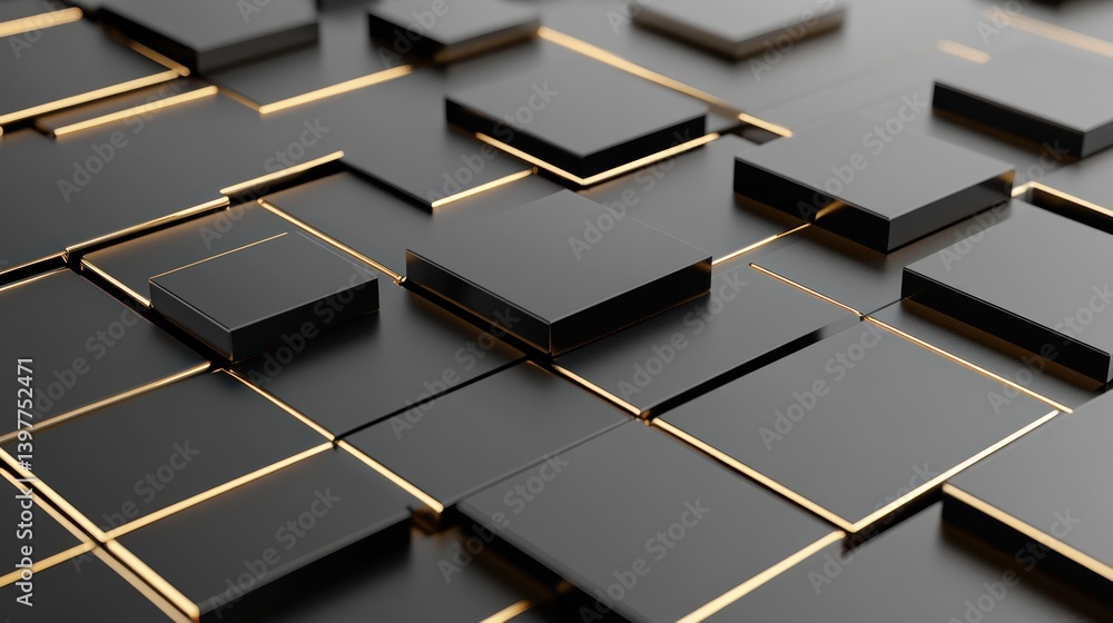 Aufkleber black geometric tiles with golden lines and shadows create a pattern
