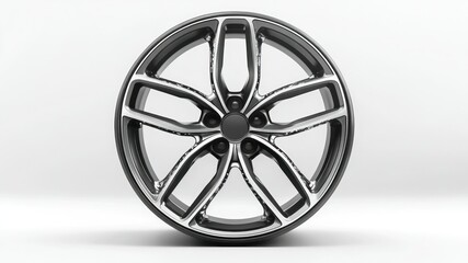 Obraz premium A car wheel rim, black and silver, sits on a white surface.