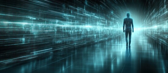 A person walking in a futuristic technological data environment