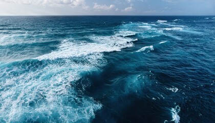 Ocean's Embrace: Capturing the raw power and vast beauty of the open ocean. A dynamic seascape where rolling waves crash in a mesmerizing display of nature's strength and serenity.