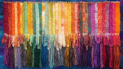 A vibrant, colorful handmade woven wall hanging with a rainbow gradient.
