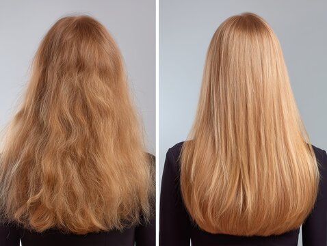 before and after shot of a long, light blonde hair, seen from behind. Dry, tangled and unruly and after hair is smooth, glossy and well-maintained
