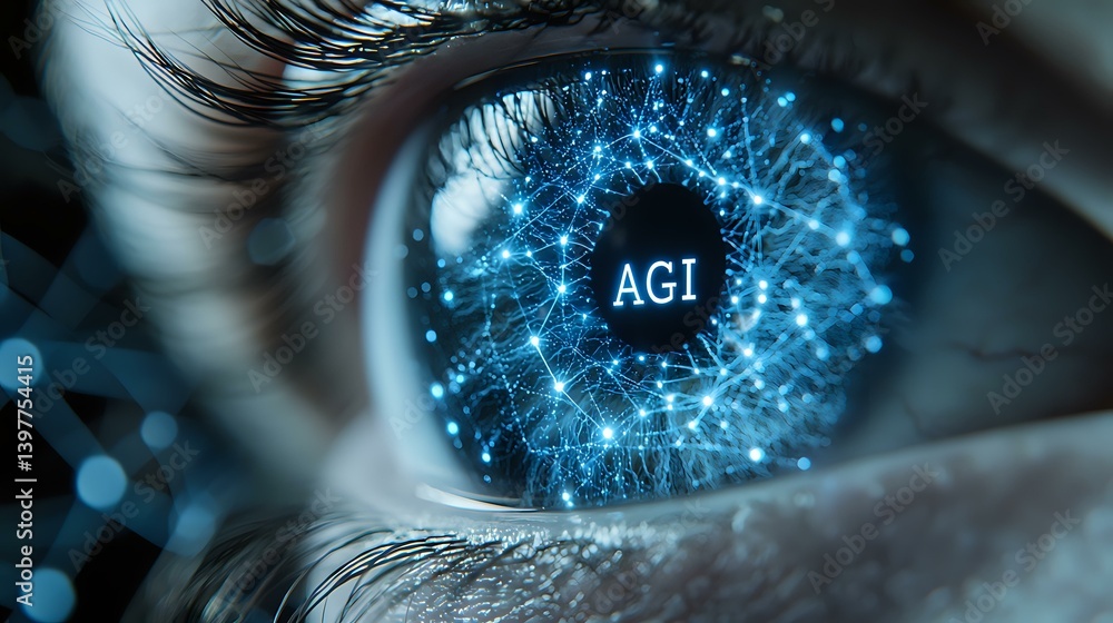 Poster close up macro of human eye with digital agi network reflection, neural connections and artificial i