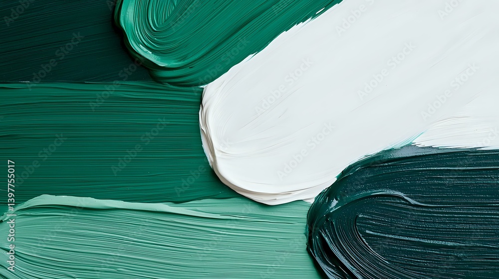 Poster abstract emerald green and white oil paint brush strokes creating dynamic textured waves and curves 