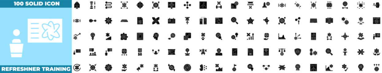 Refreshner Training Solid Editable Icons set. Vector illustration in modern thin solid style of refreshner training icons:  Education, goal, teamwork, achievement, etc