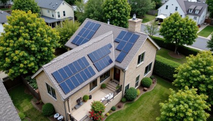 Home with Solar Panels on Roof, Suburban Setting