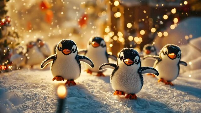 Adorable penguins waddle through a snowy, Christmas scene