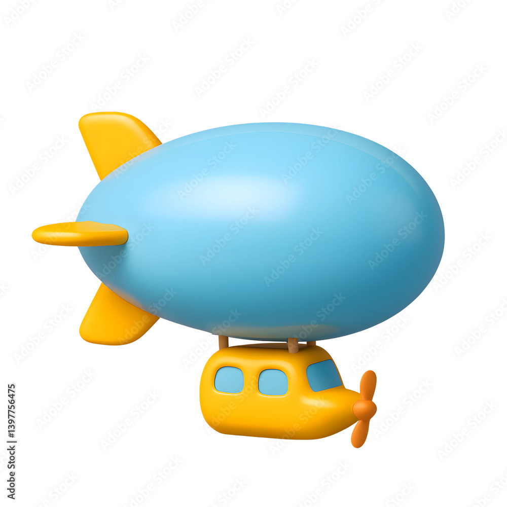 Poster 3d colored blimp icon with yellow propeller and fin on transparent background set for design and dig