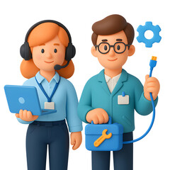 3D tech support icons featuring a woman with a laptop and a man holding a toolbox with tools against a transparent background
