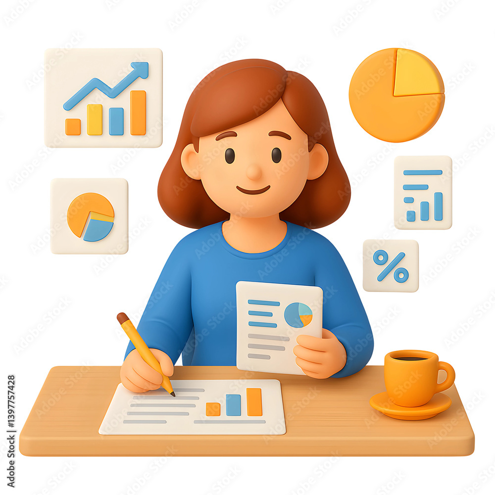 Poster creating 3d icons for business analytics with a transparent background featuring a person reviewing 