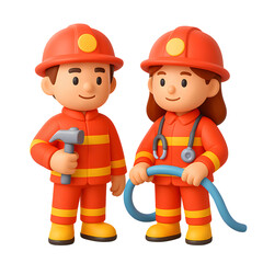 Friendly 3D firefighter icons showcasing a male and female character in bright red uniforms with tools and equipment against a transparent background