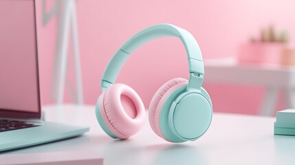 A pair of headphones in soft pastel colors, resting on a white desk with a laptop in the background 