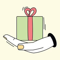 Vector of a hand holding a gift box. Perfect for celebrations, birthdays, holidays, or gift-giving themes in festive designs and illustrations.