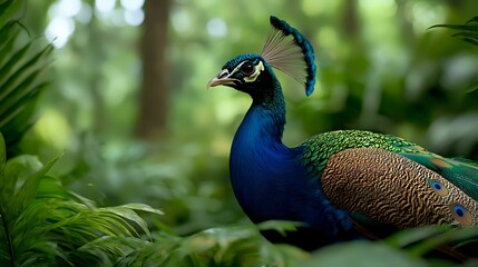 Majestic peacock with vibrant blue and green plumage resting among lush tropical foliage. Natural wildlife photography showcases iridescent feathers and distinctive crown.