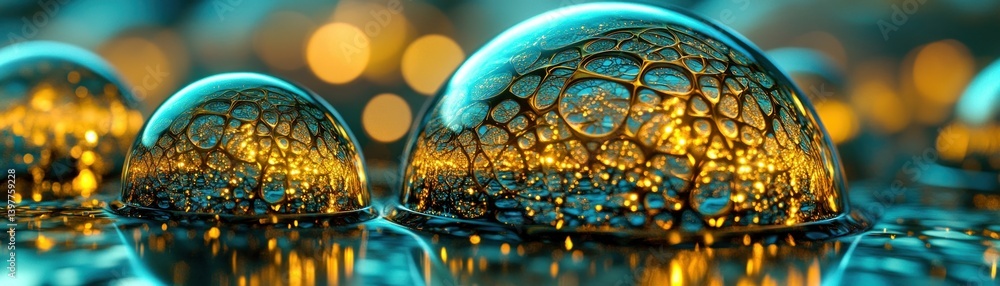 Poster clear water droplets reflect intricate patterns with stunning luminosity and color