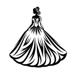 Elegant Woman Silhouette in Gown, Stylized Bridal Dress, Abstract Art Design